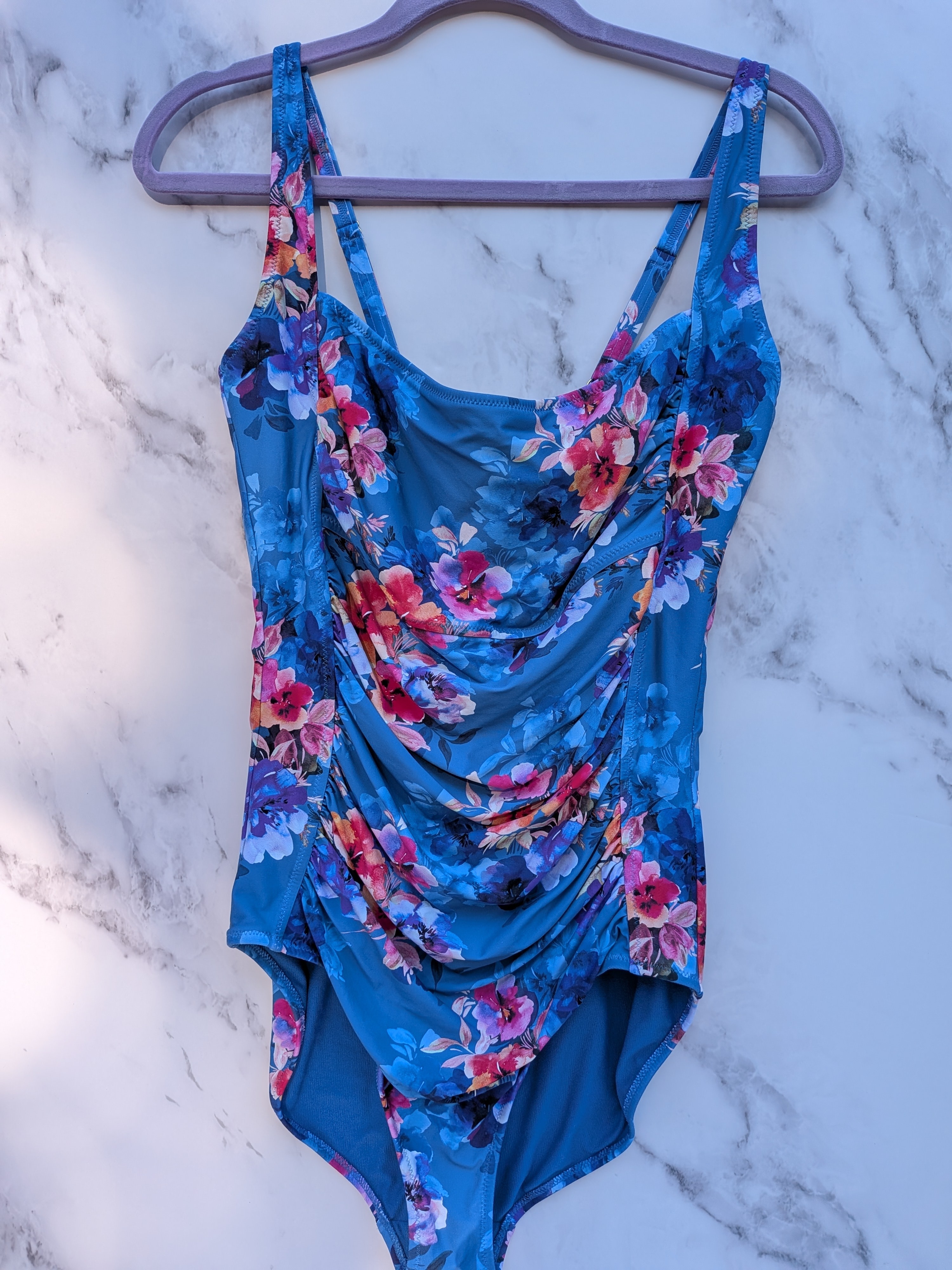 Johnny Was Floral Ruched One Piece Swimsuit Blue 2x Plus Size